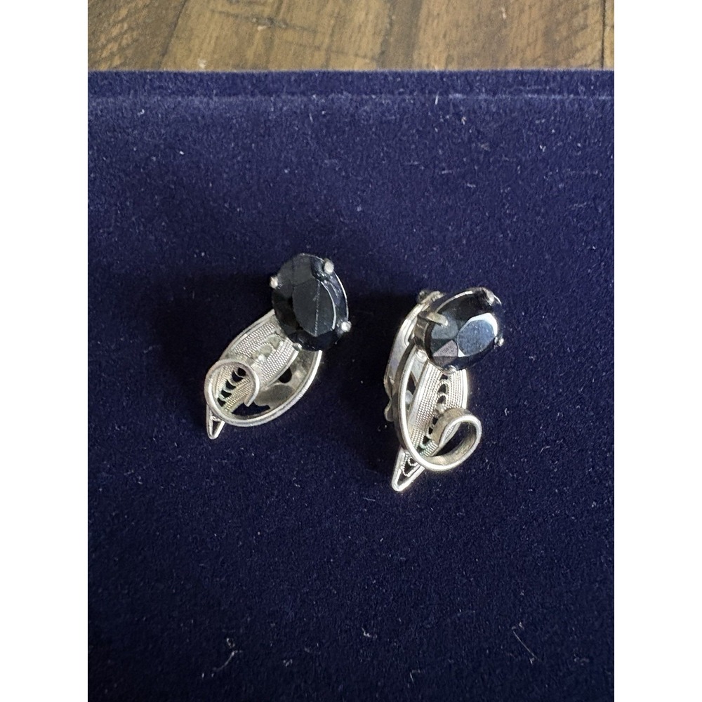 VTG W. Germany Black Oval Rhinestone w Silvertone Clip Earrings Elegant Filigree